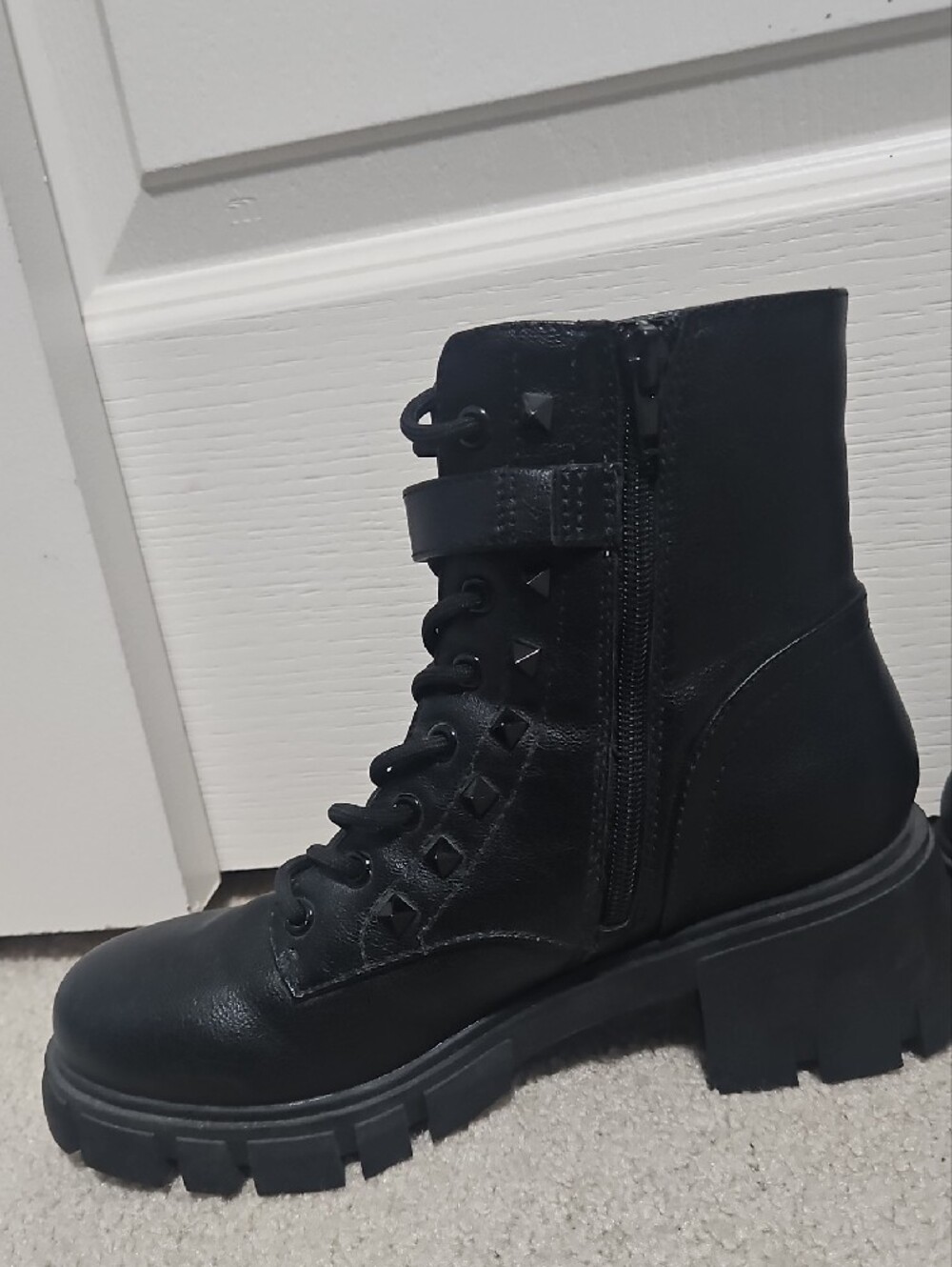 G by Guess Women's Black Lace-Up Combat Boots with Buckle Strap - Picture 3 of 3